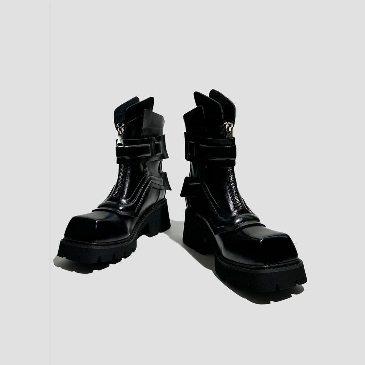 Black Futuristic Buckle Ankle Boots