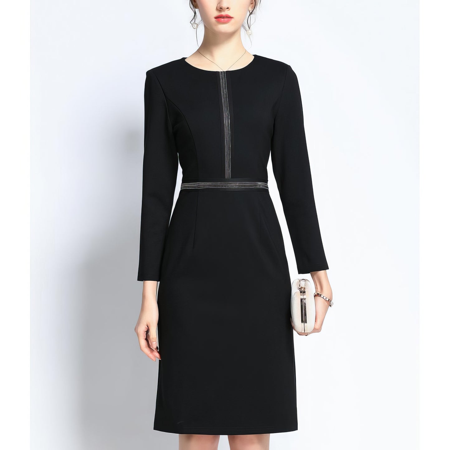Stitched Detail Long Sleeve Black Pencil Dress