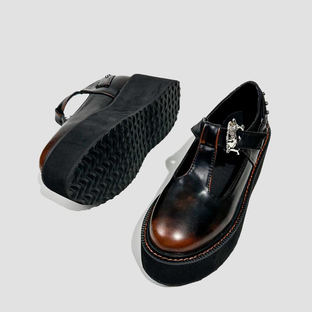 Black Metal Buckle T-Strap Platform Shoes