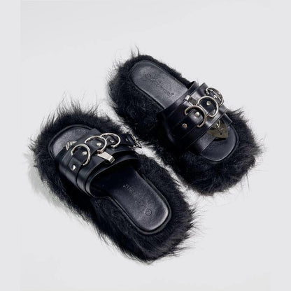 Black Furry Buckle Platform Slides