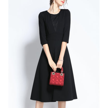 Lace Panel Three-Quarter Sleeve Black Midi Dress