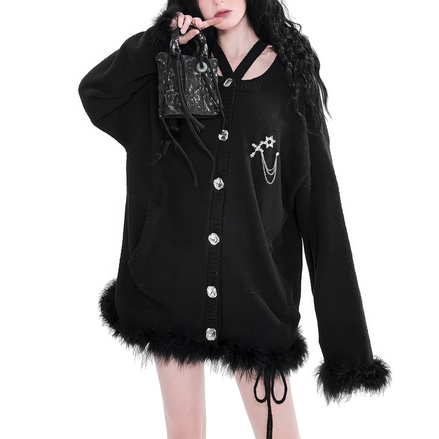 Faux Fur Trim Knit Cardigan