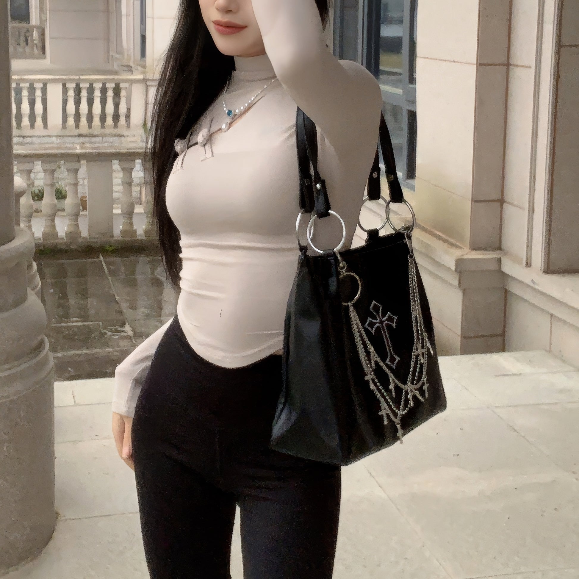 Chain Cross Accent Faux Leather Shoulder Bag