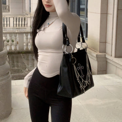 Chain Cross Accent Faux Leather Shoulder Bag