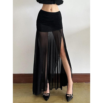 Sheer Ruched Slit Maxi Skirt