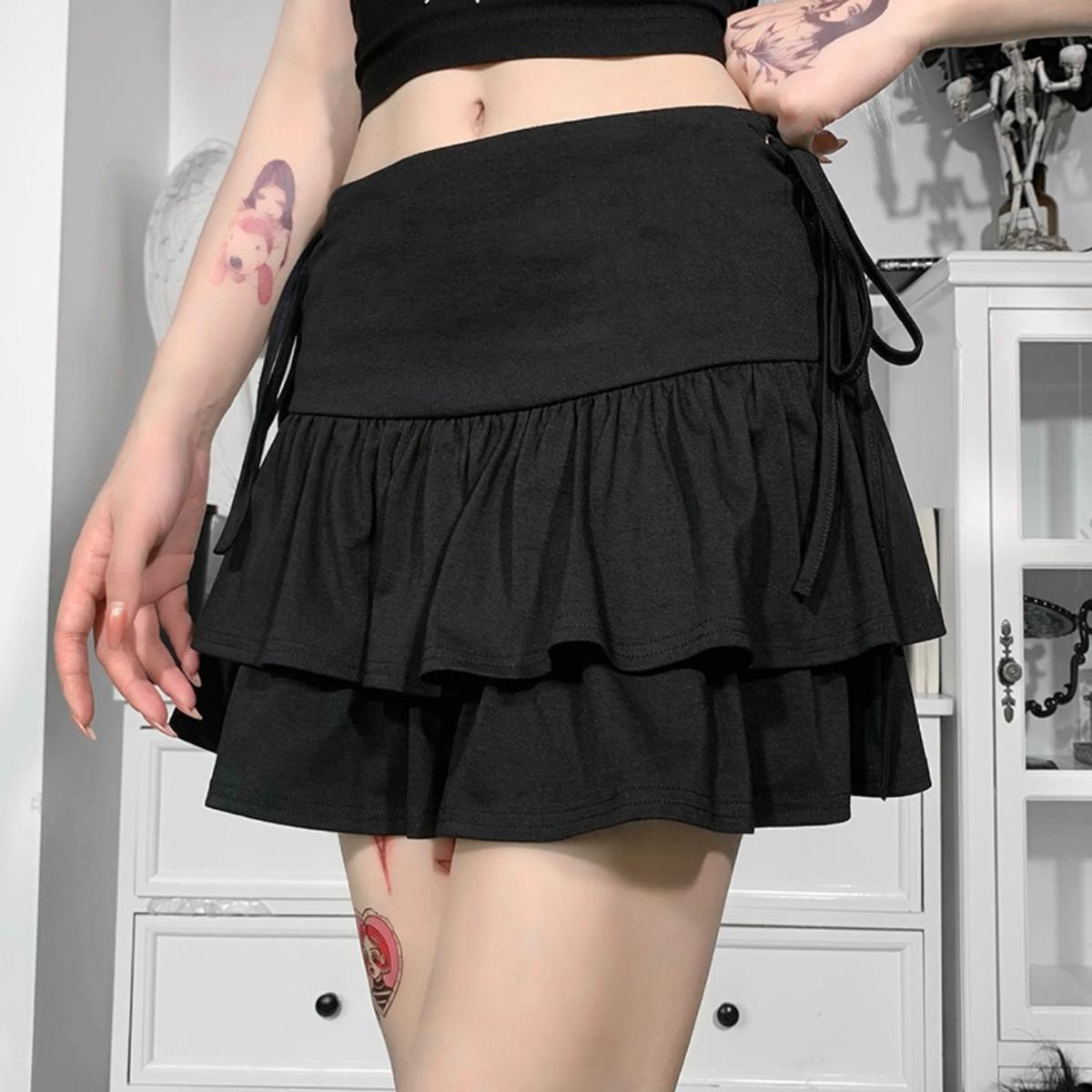 Layered Lace-Up Mini Skirt