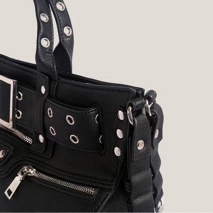 Buckle Strap Grommet Detail Black Tote Bag