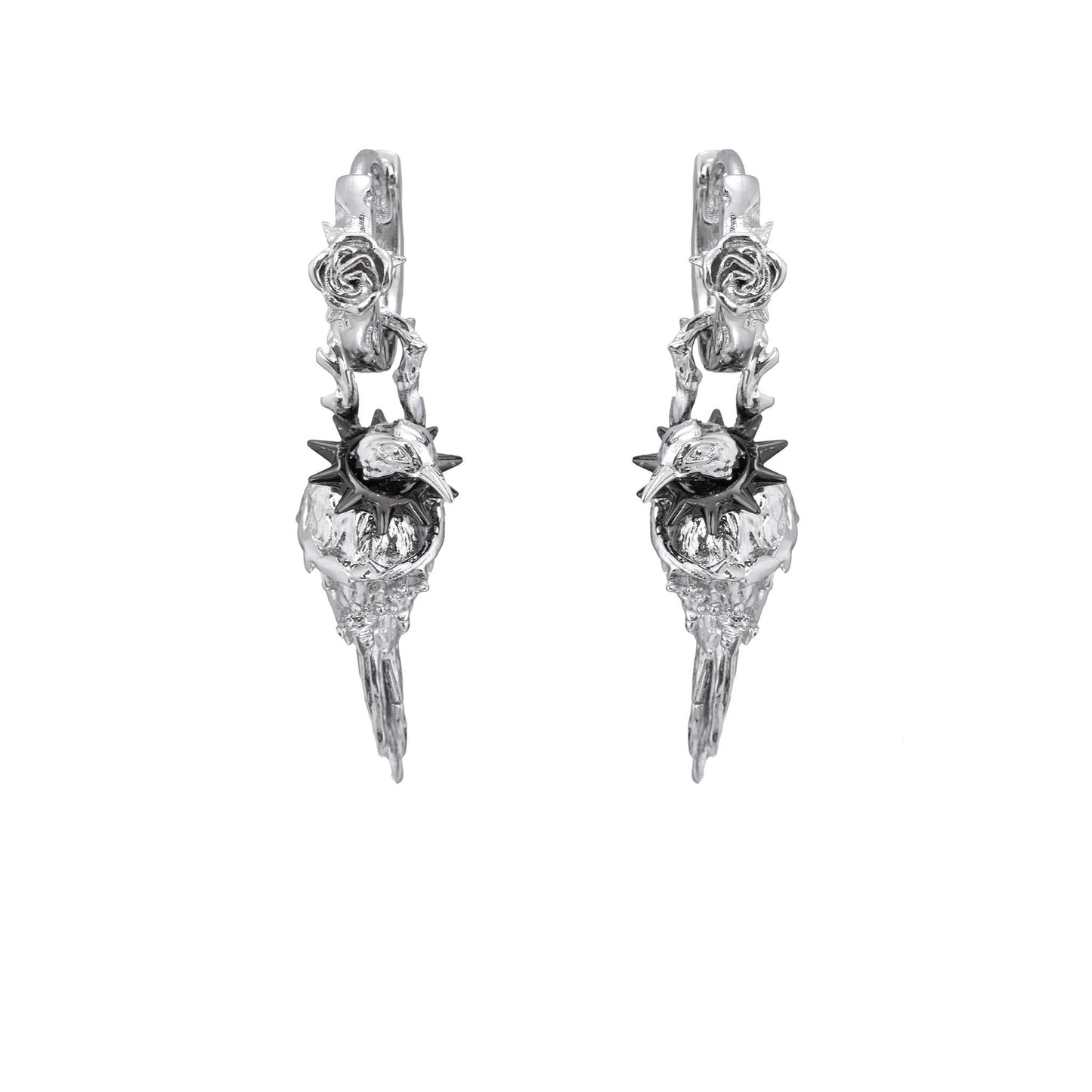 Spiked Raven Rose Drop Earrings