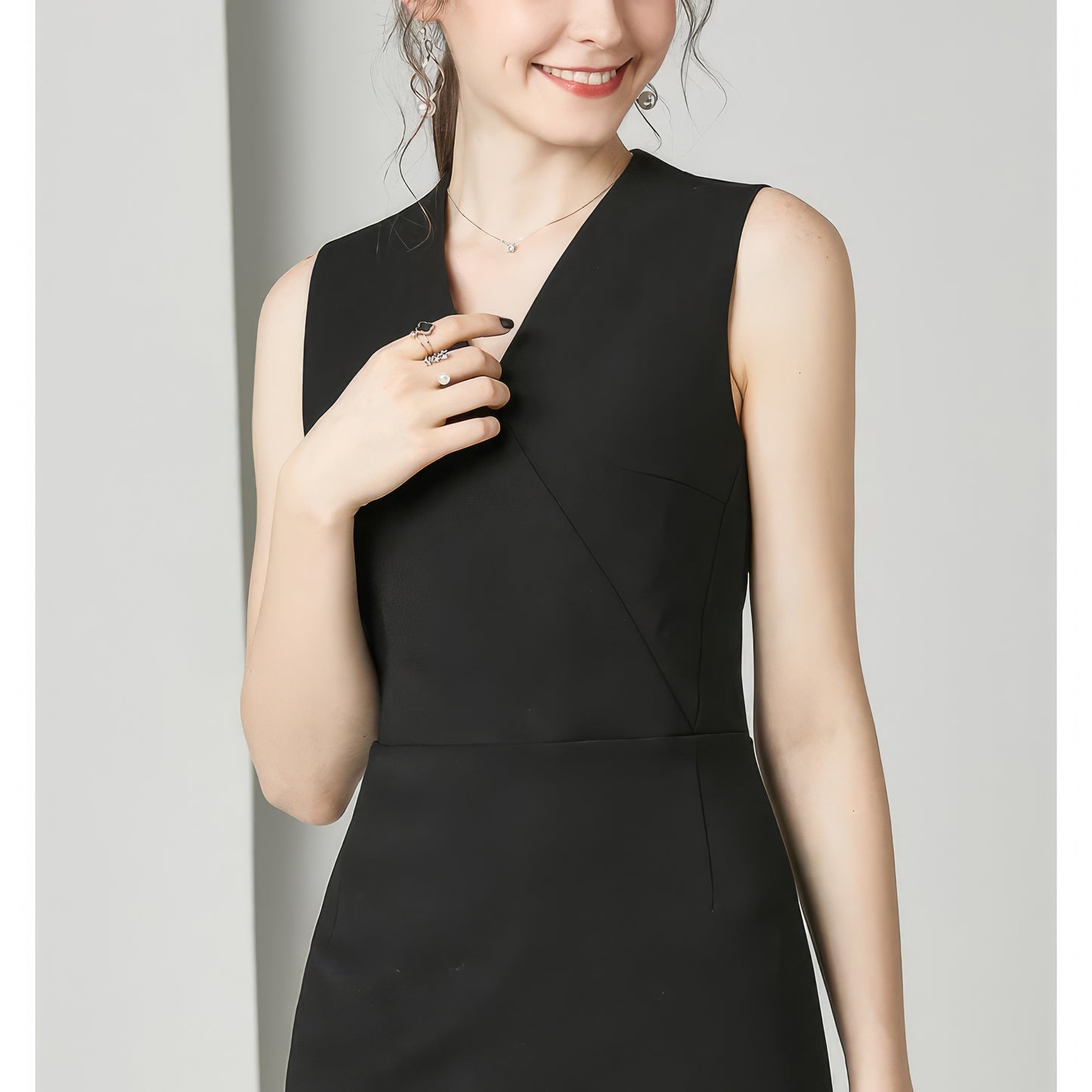 Sleeveless Wrap V-Neck Black Pencil Dress