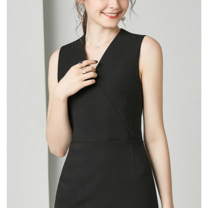 Sleeveless Wrap V-Neck Black Pencil Dress