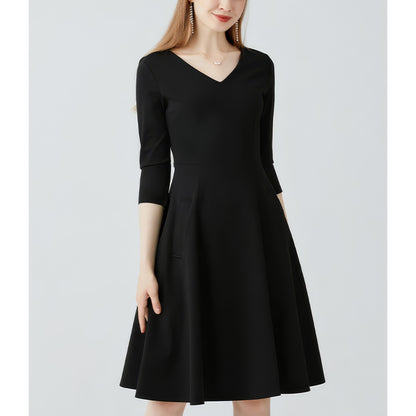 V-Neck Three-Quarter Sleeve Black Midi Dress