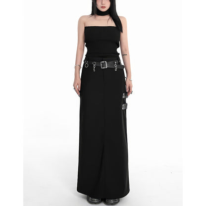 Buckle Strap Side Slit Maxi Skirt