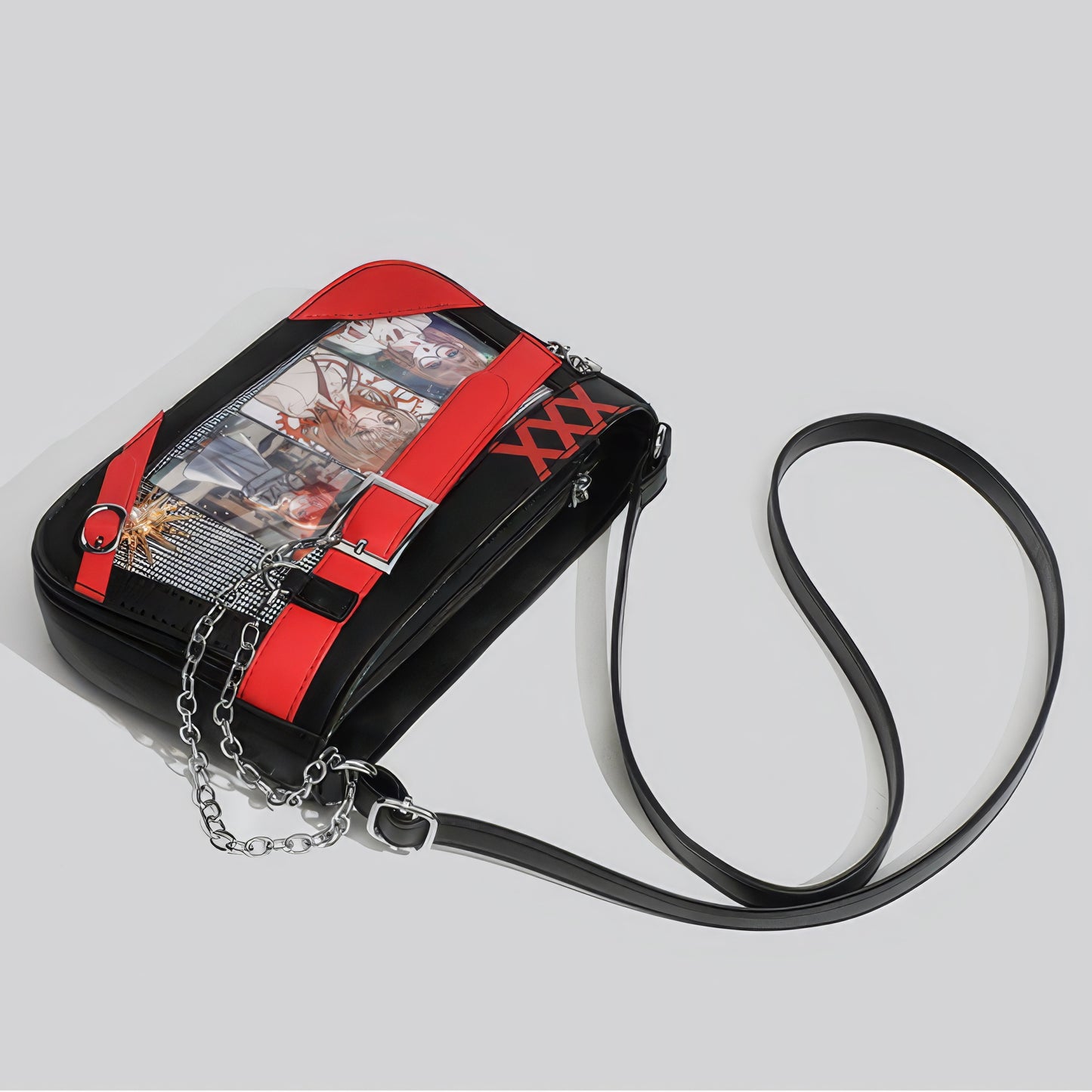 Belt Buckle Chain Detail Vinyl Shoulder Bag