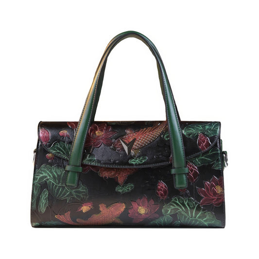 Embossed Koi Floral Green Handle Bag
