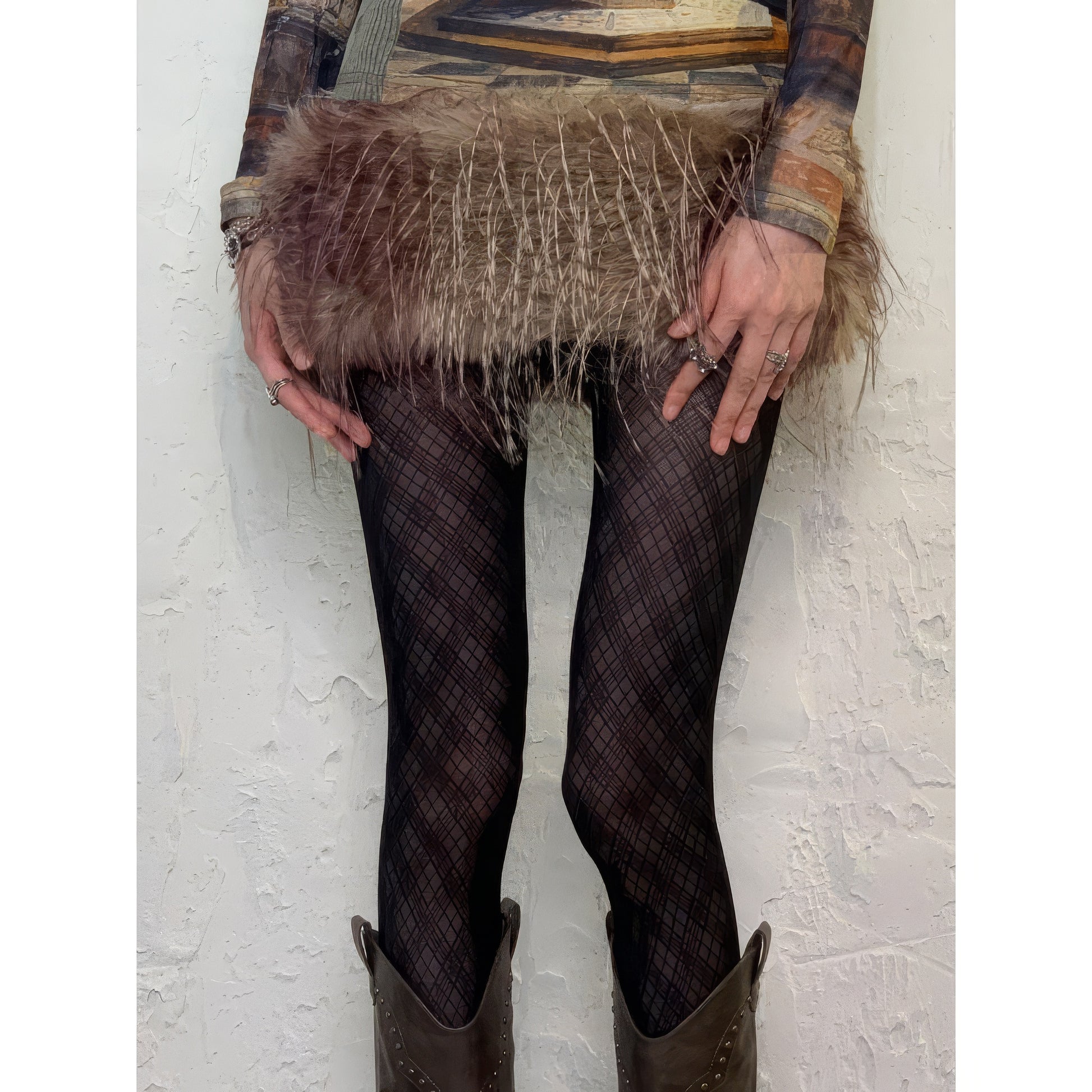 Textured Plaid Mesh Tights