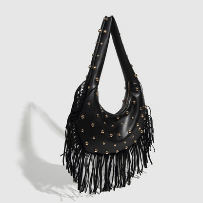 Fringed Studded Crescent Shoulder Bag