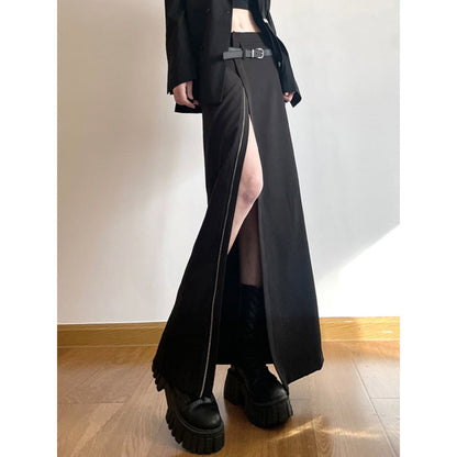 Belted Zip-Slit Maxi Skirt