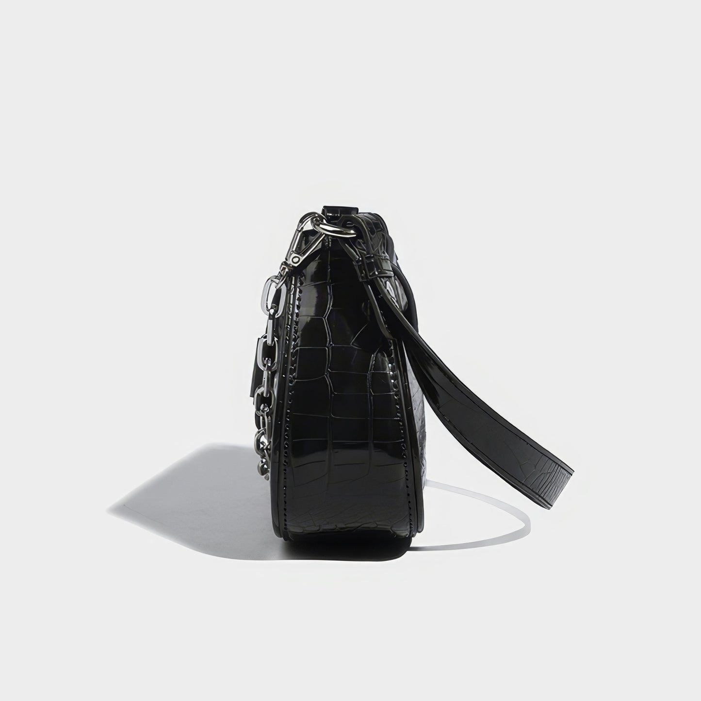 Heart Buckle Croc-Embossed Shoulder Bag