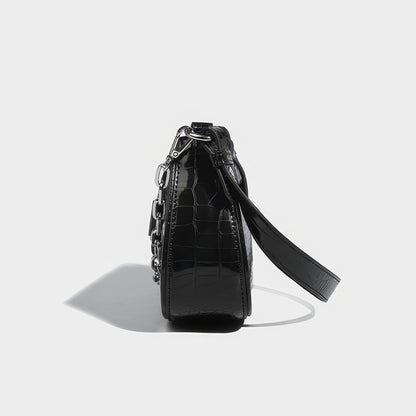 Heart Buckle Croc-Embossed Shoulder Bag