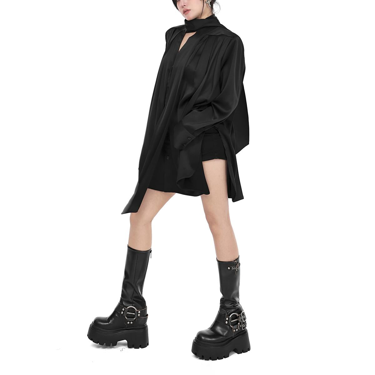 Satin Pleated Tie Neck Shirt Dress