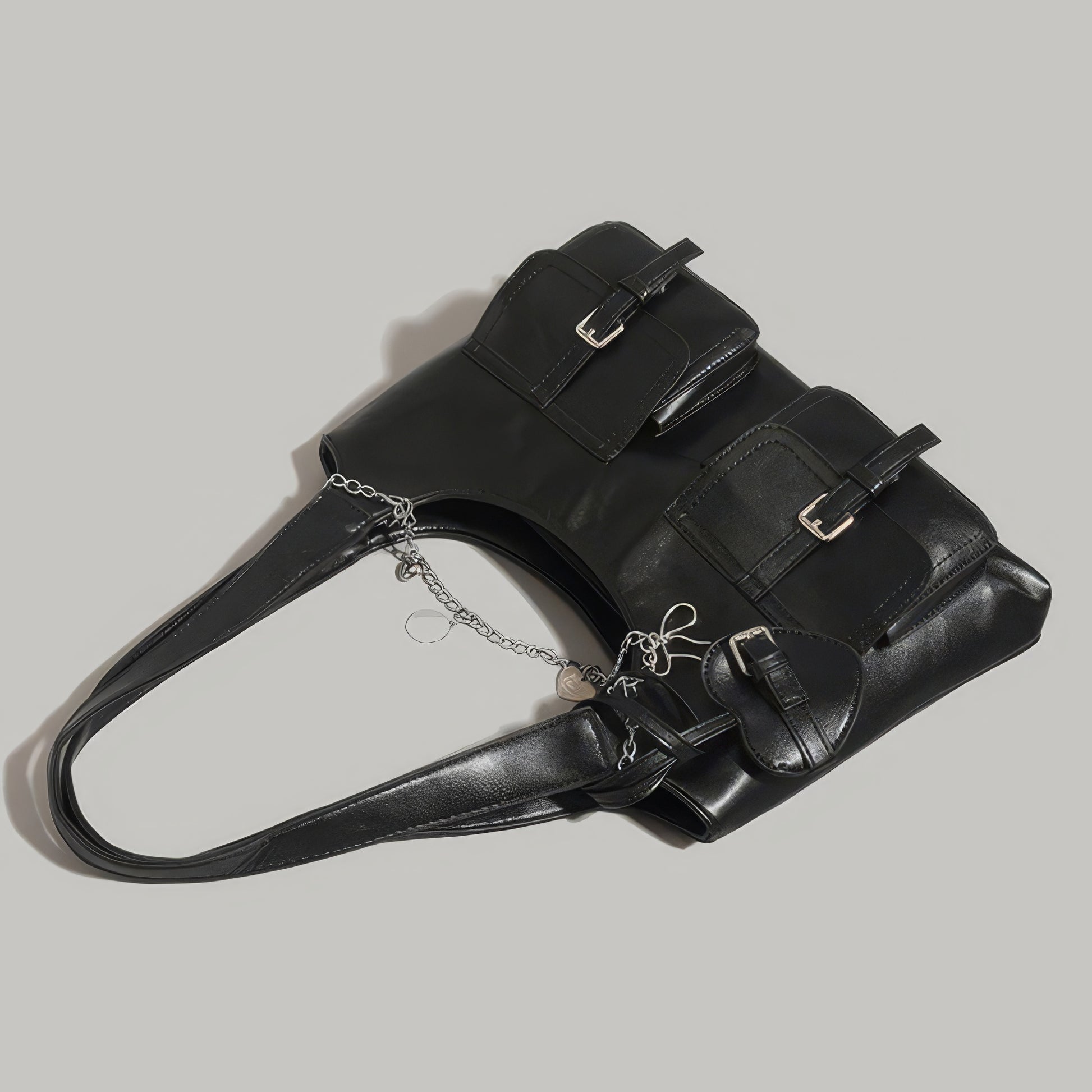 Chain Accent Buckle Pocket Faux Leather Shoulder Bag