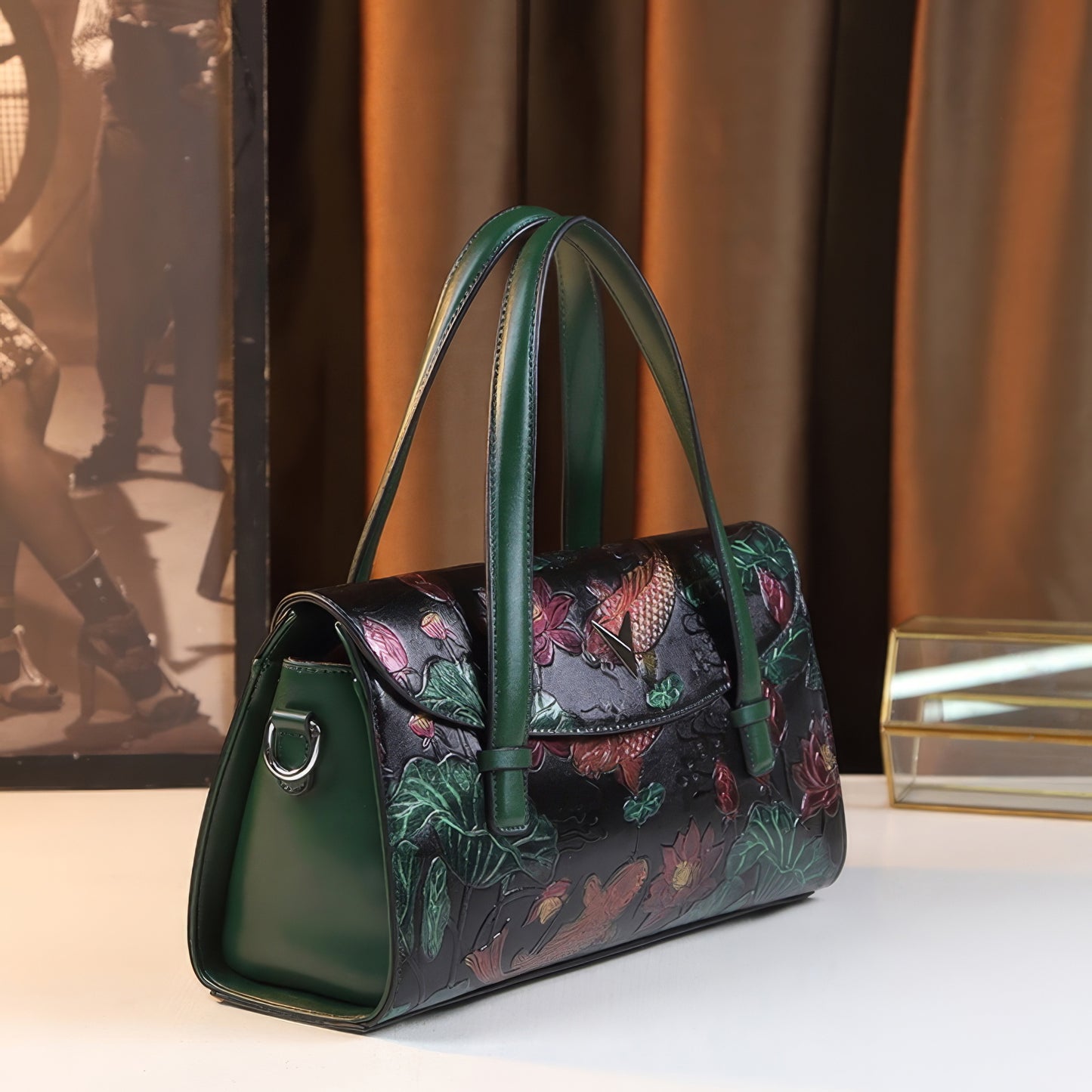 Embossed Koi Floral Green Handle Bag
