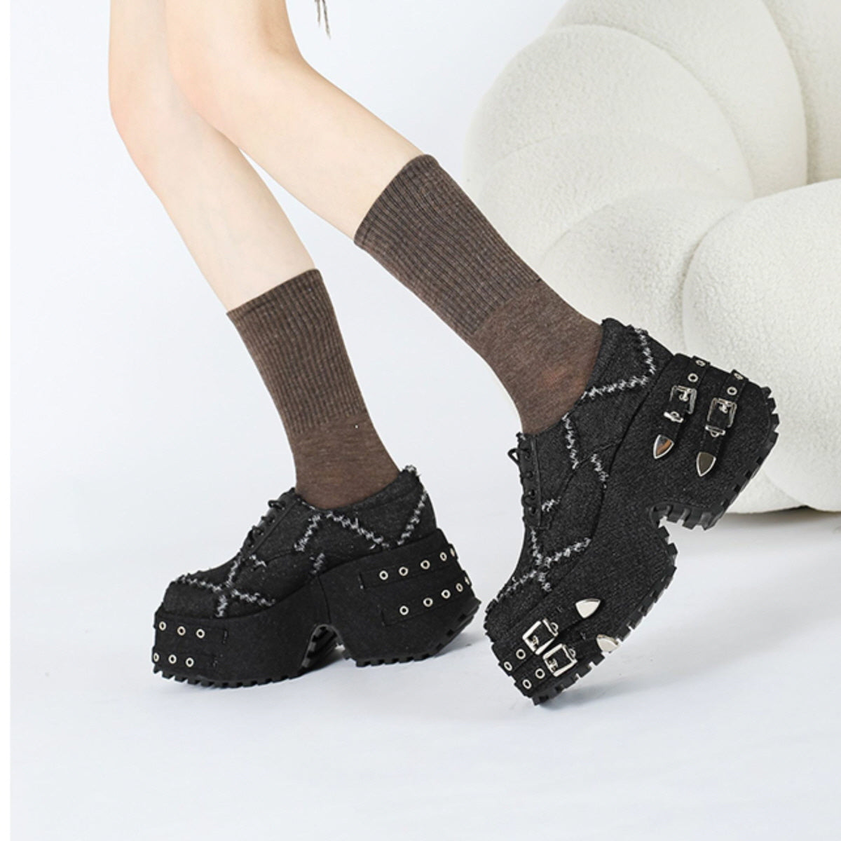 Black Distressed Buckle Platform Shoes