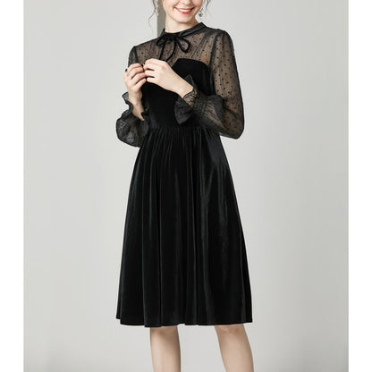 Velvet Mesh Dot Sleeve Black Midi Dress