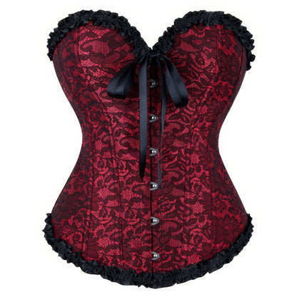 Ruffled Lace Trim Red Corset