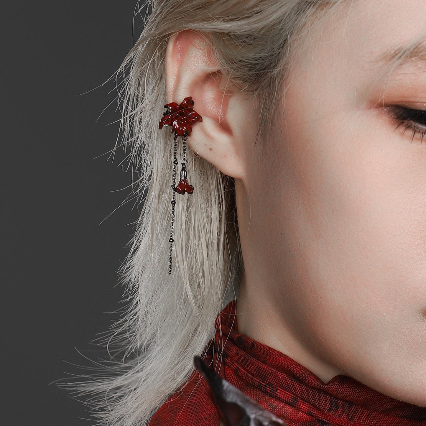 Red Lily Drop Chain Ear Cuff Set