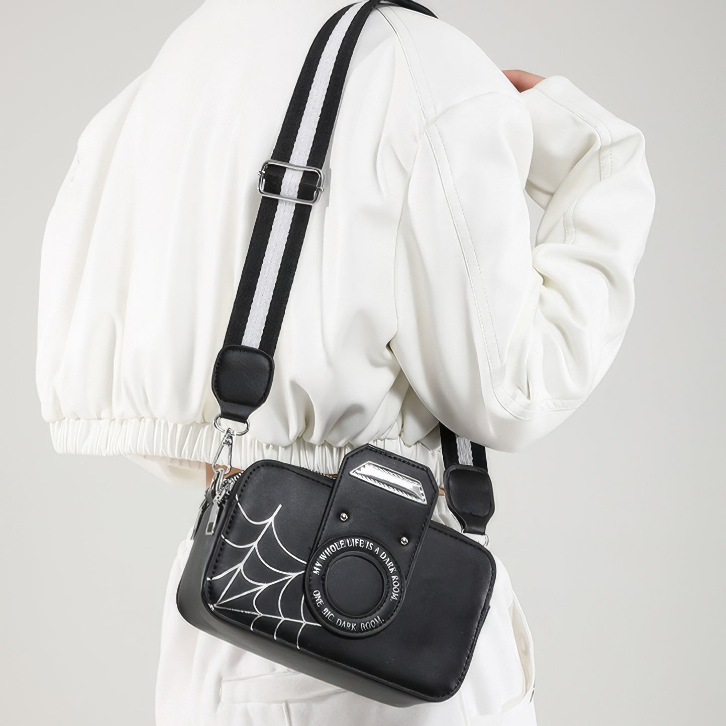 Camera Graphic Web Print Crossbody Bag