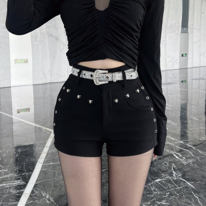 Rhinestone Grommet Belted Black Shorts