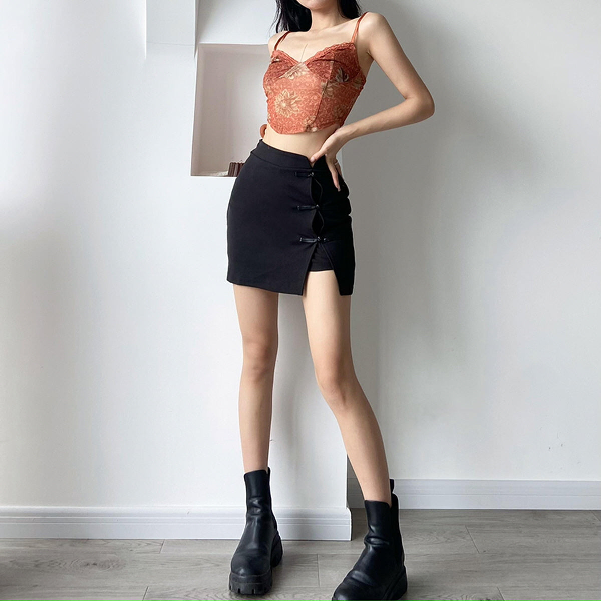 Frog Closure Slit Mini Skirt