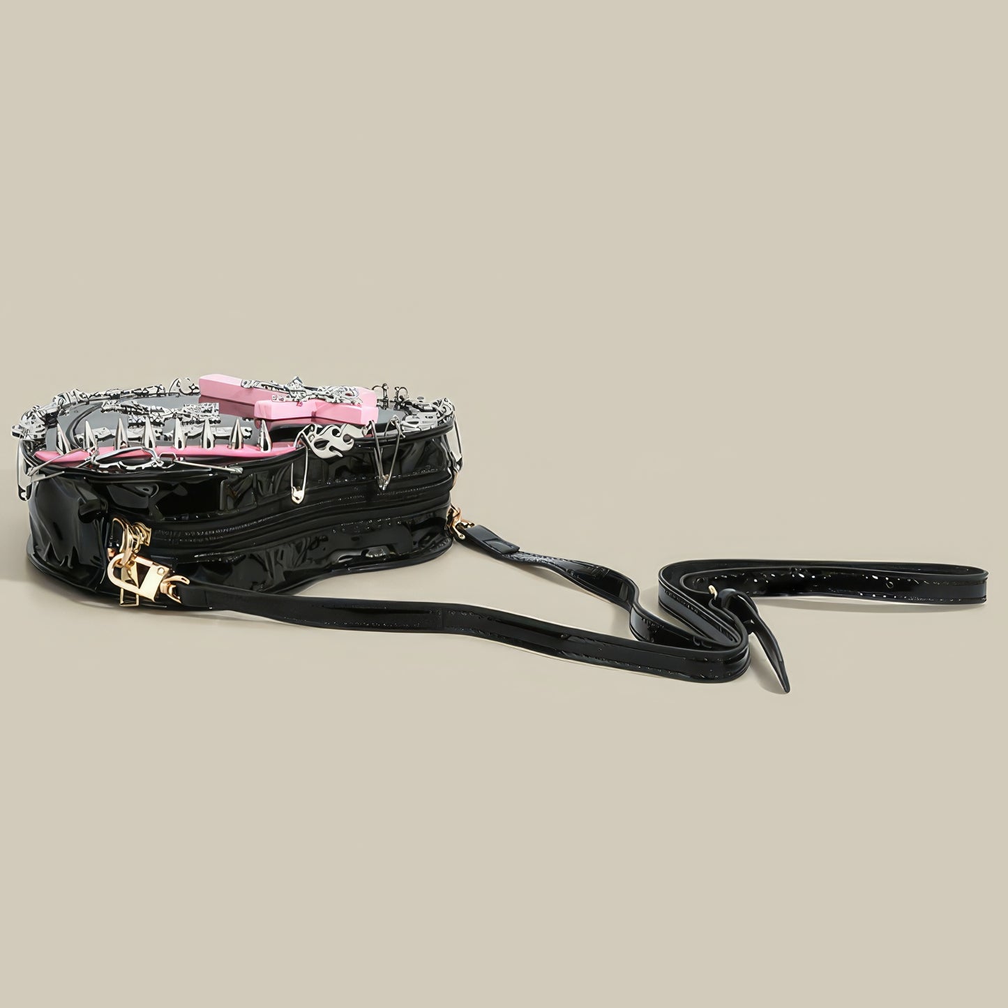 Studded Cross Patch Heart Patent Shoulder Bag
