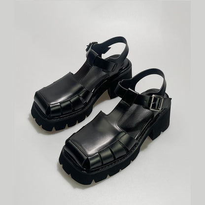 Black Chunky Platform Buckle Sandals