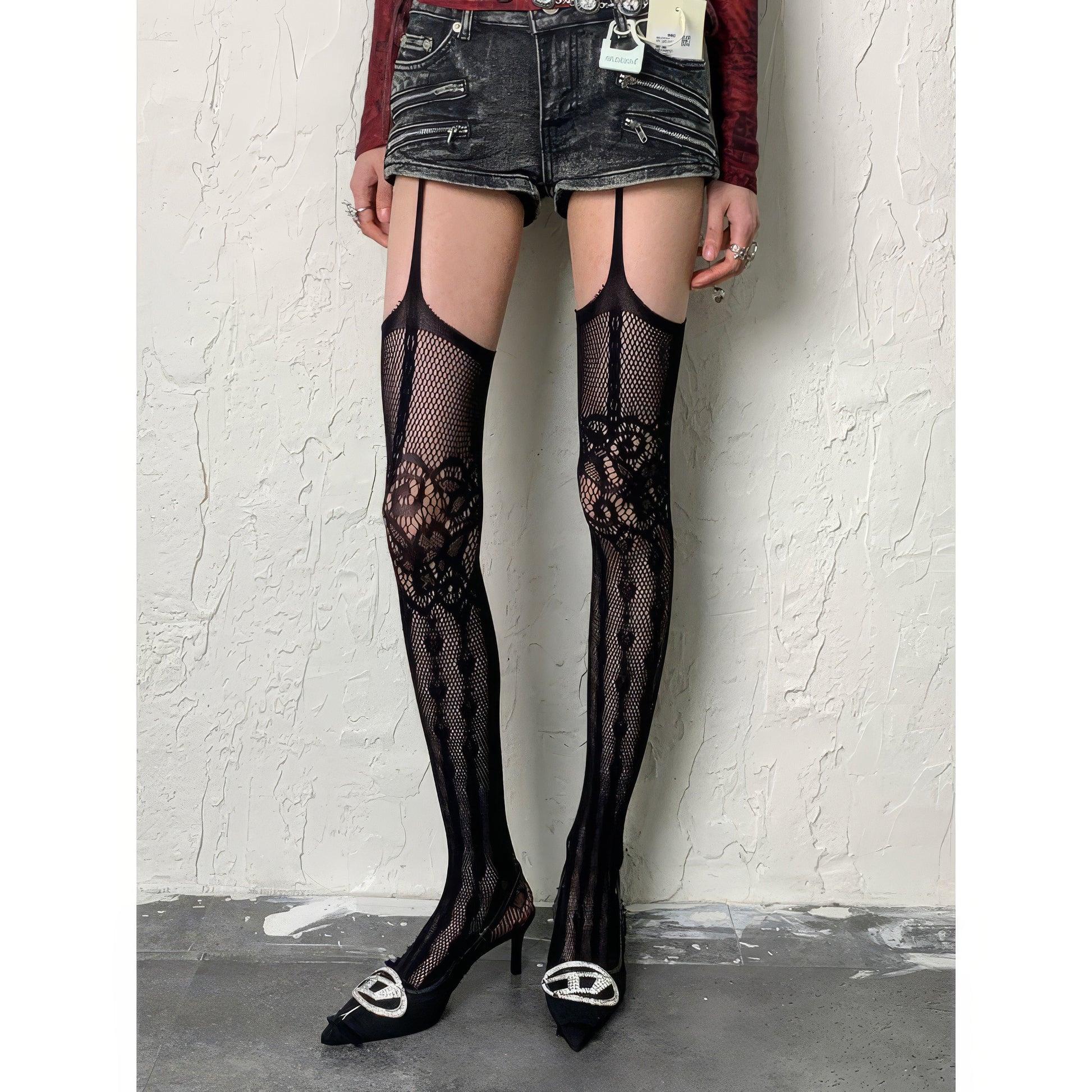 Lace Garter Pattern Mesh Tights
