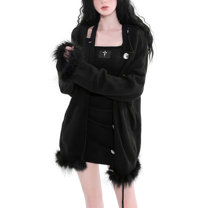 Faux Fur Trim Knit Cardigan