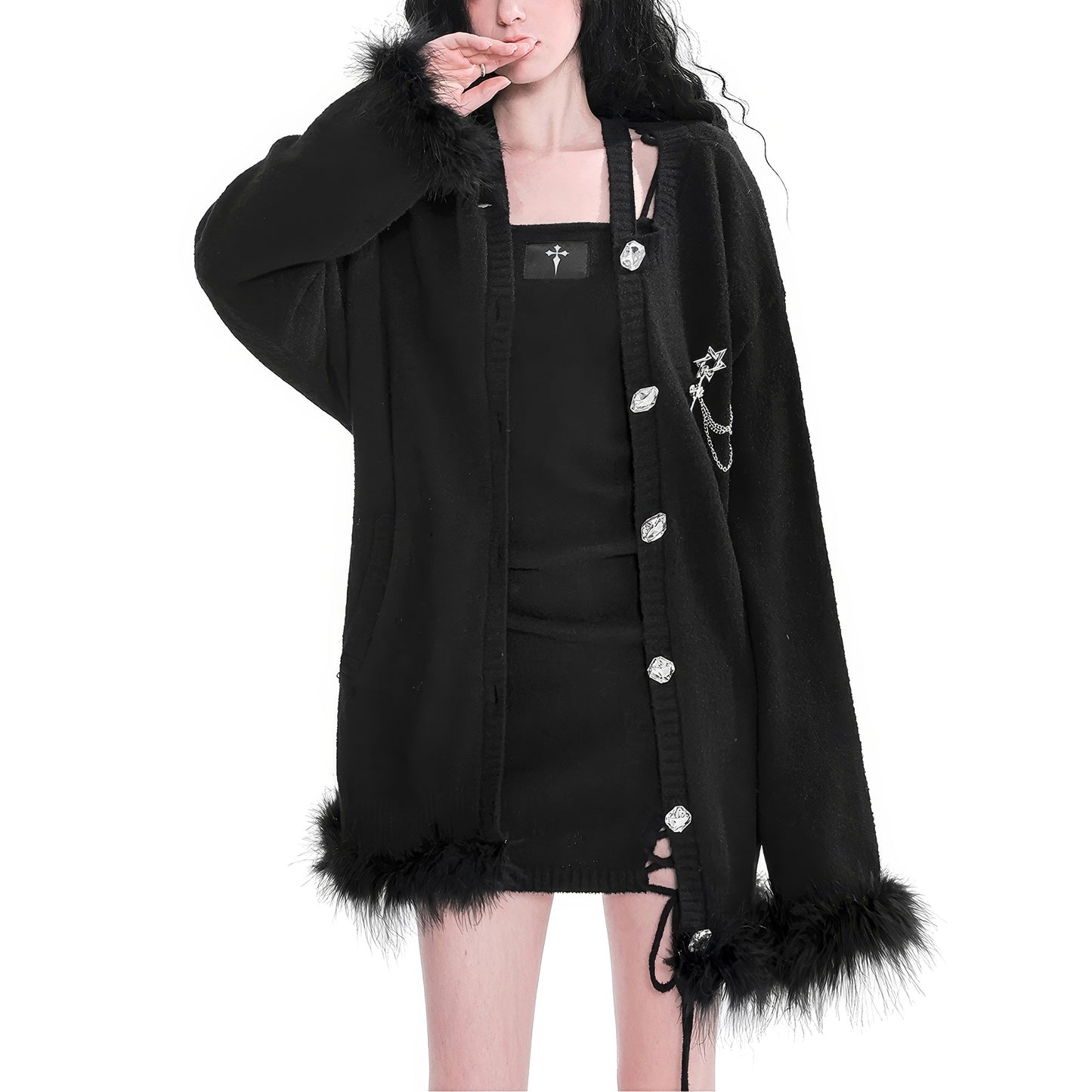 Faux Fur Trim Knit Cardigan