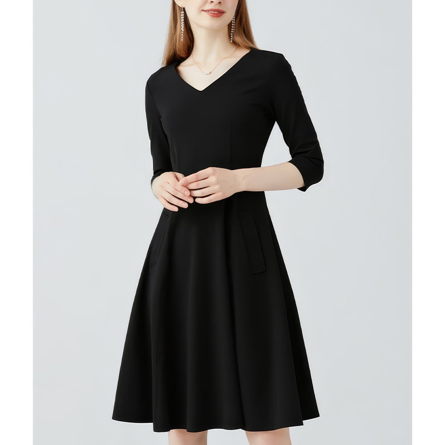 V-Neck Three-Quarter Sleeve Black Midi Dress