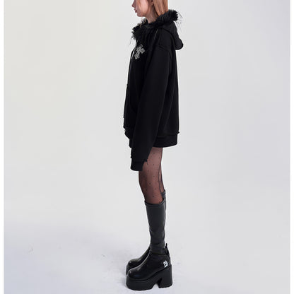 Faux Fur Trim Zip-Up Hoodie