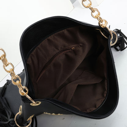 Fringe Studded Black Hobo Shoulder Bag