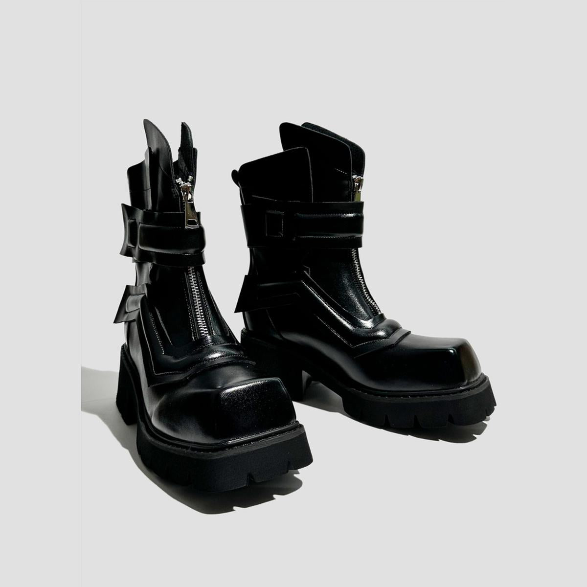 Black Futuristic Buckle Ankle Boots