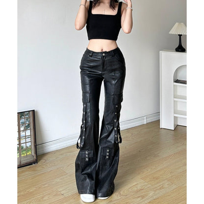 Eyelet Strap Faux Leather Pants