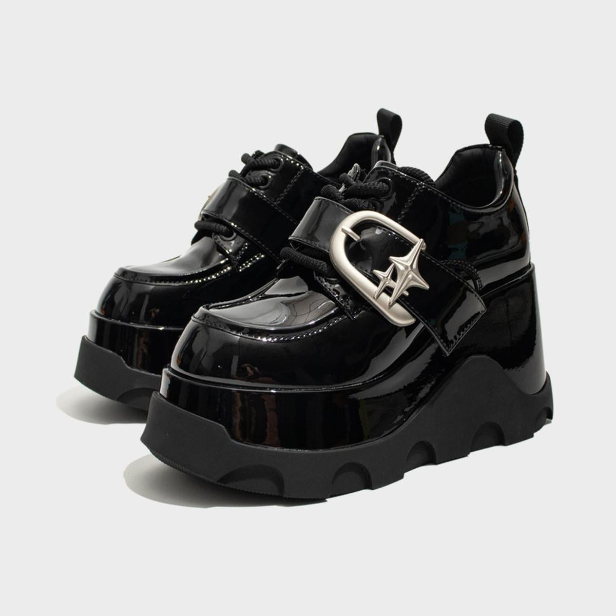 Black Patent Star Buckle Platform Shoes