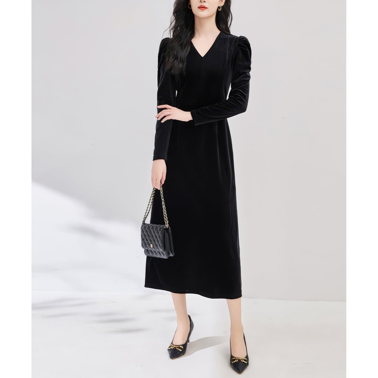 Ruched Shoulder Velvet Black Dress