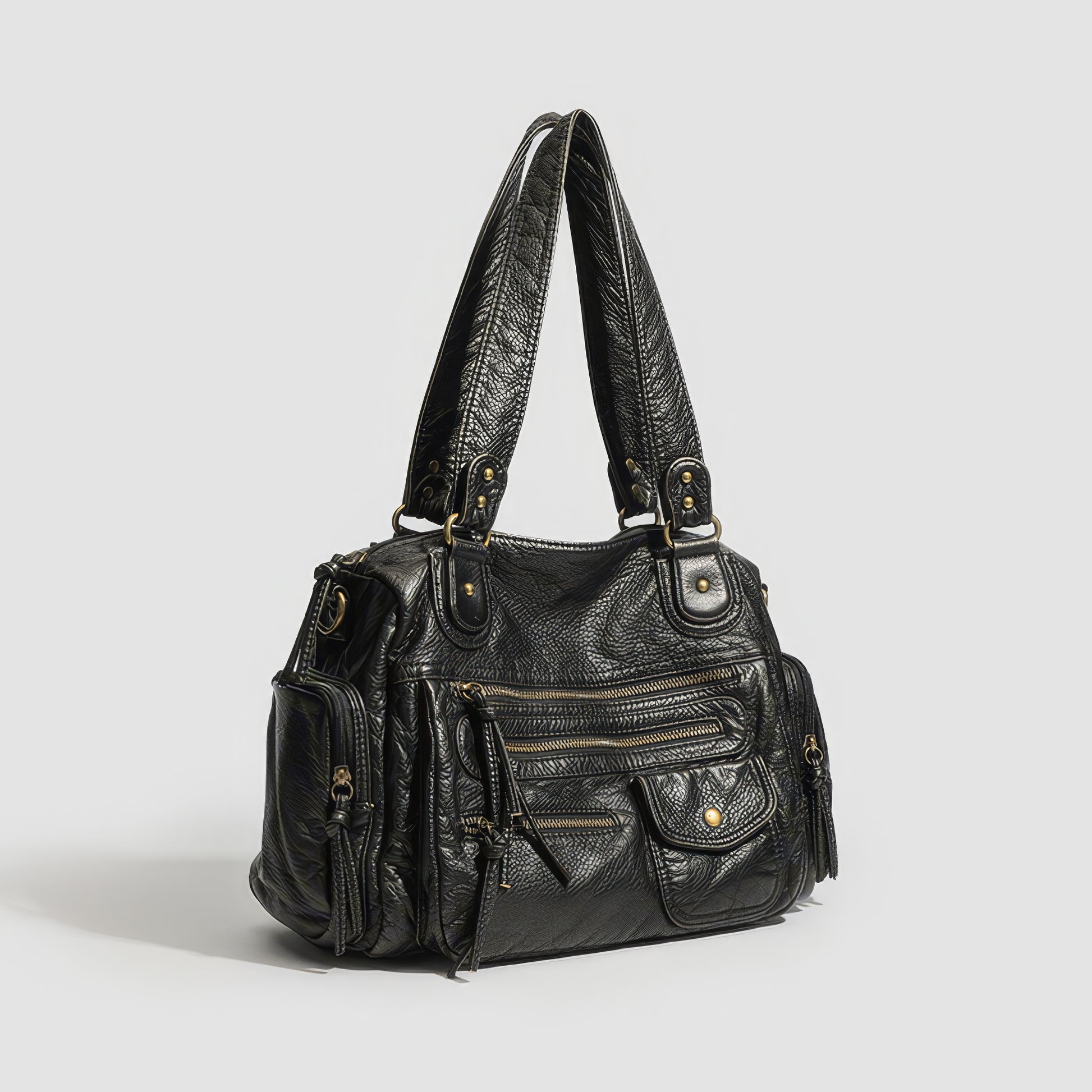 Multi-Zip Textured Faux Leather Shoulder Bag