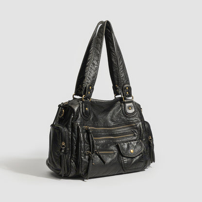 Multi-Zip Textured Faux Leather Shoulder Bag