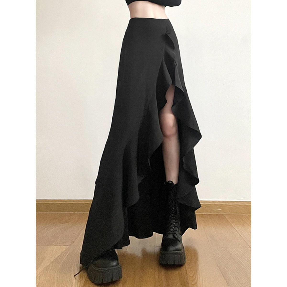 Ruffled High-Slit Maxi Skirt