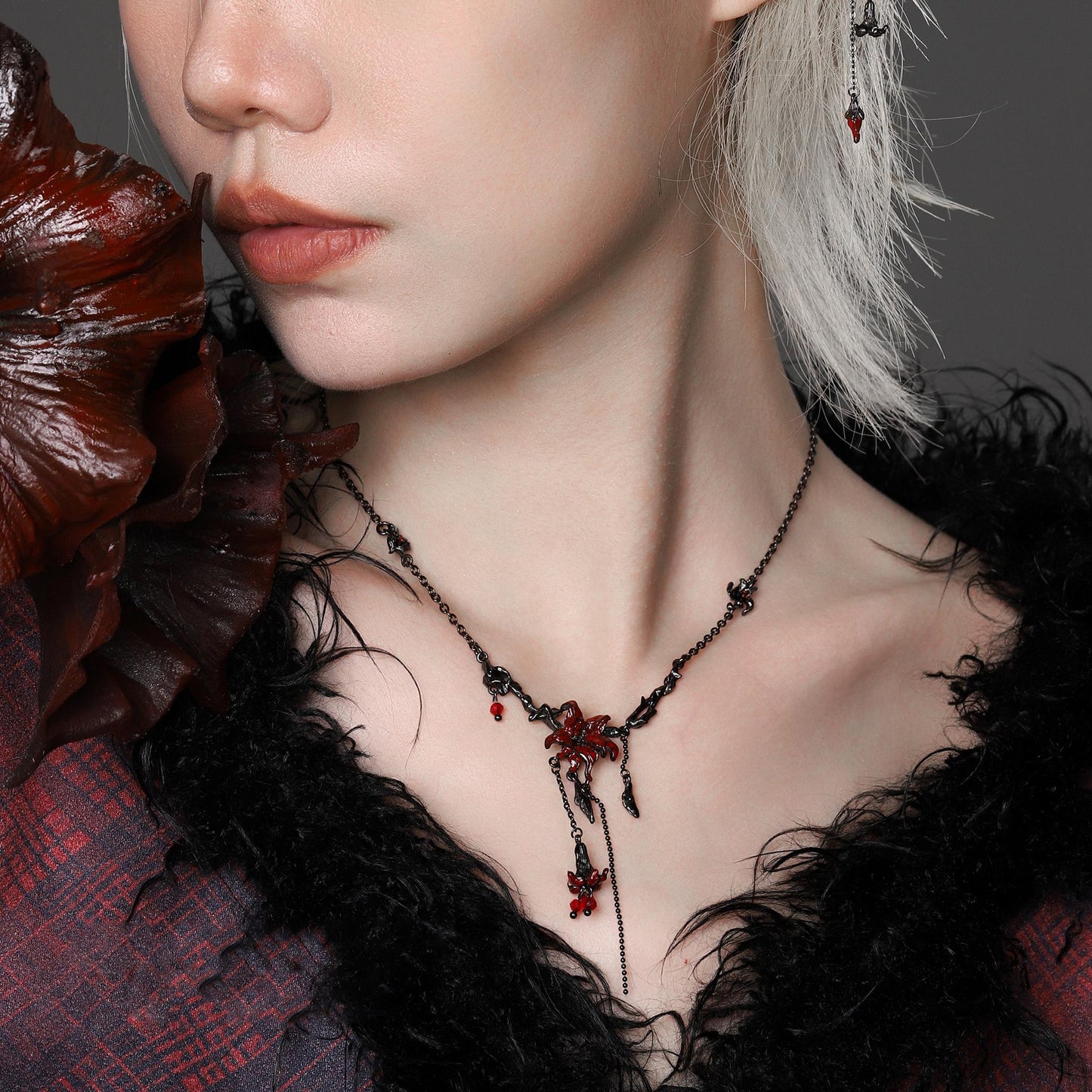 Red Lily Drop Chain Necklace