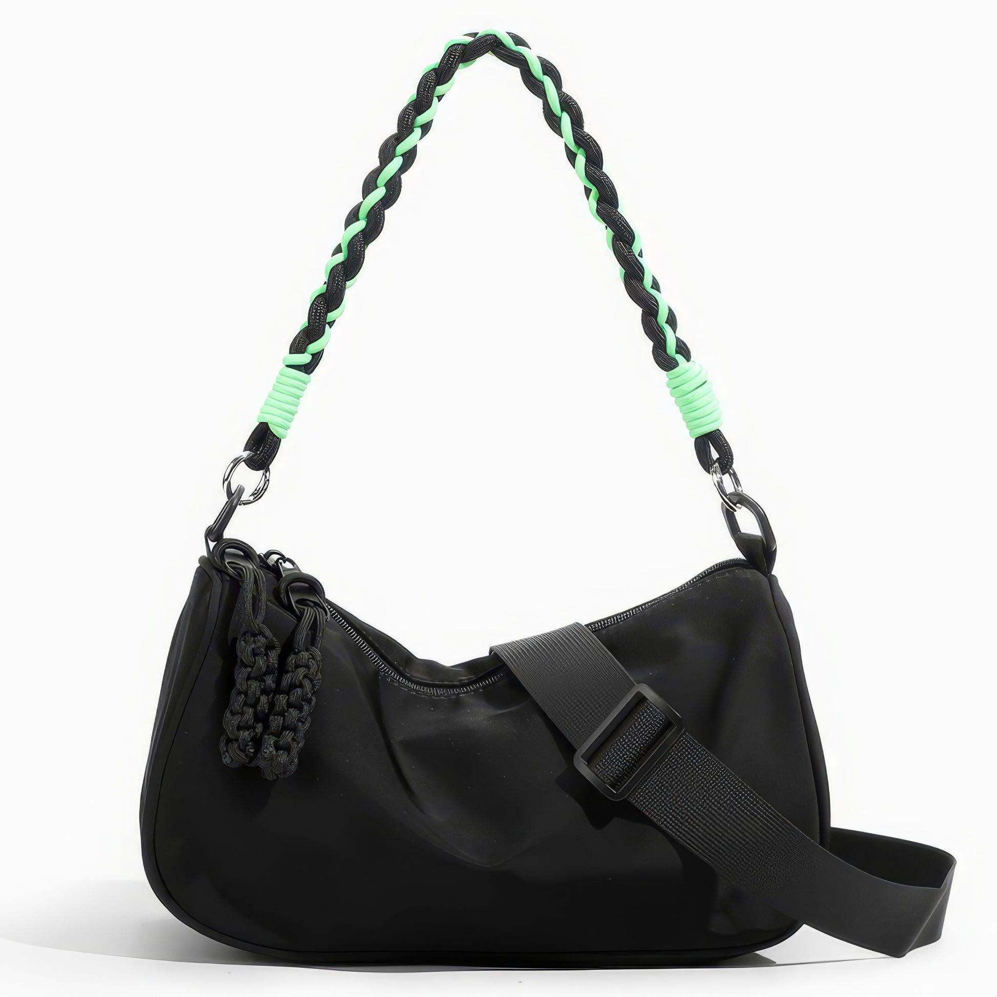 Two-Tone Rope Strap Black Nylon Shoulder Bag